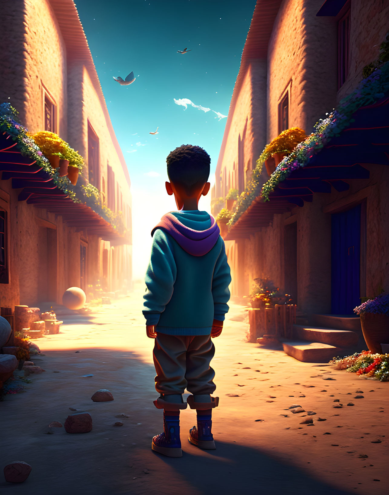 Young boy in sunlit street with doves and old stone houses