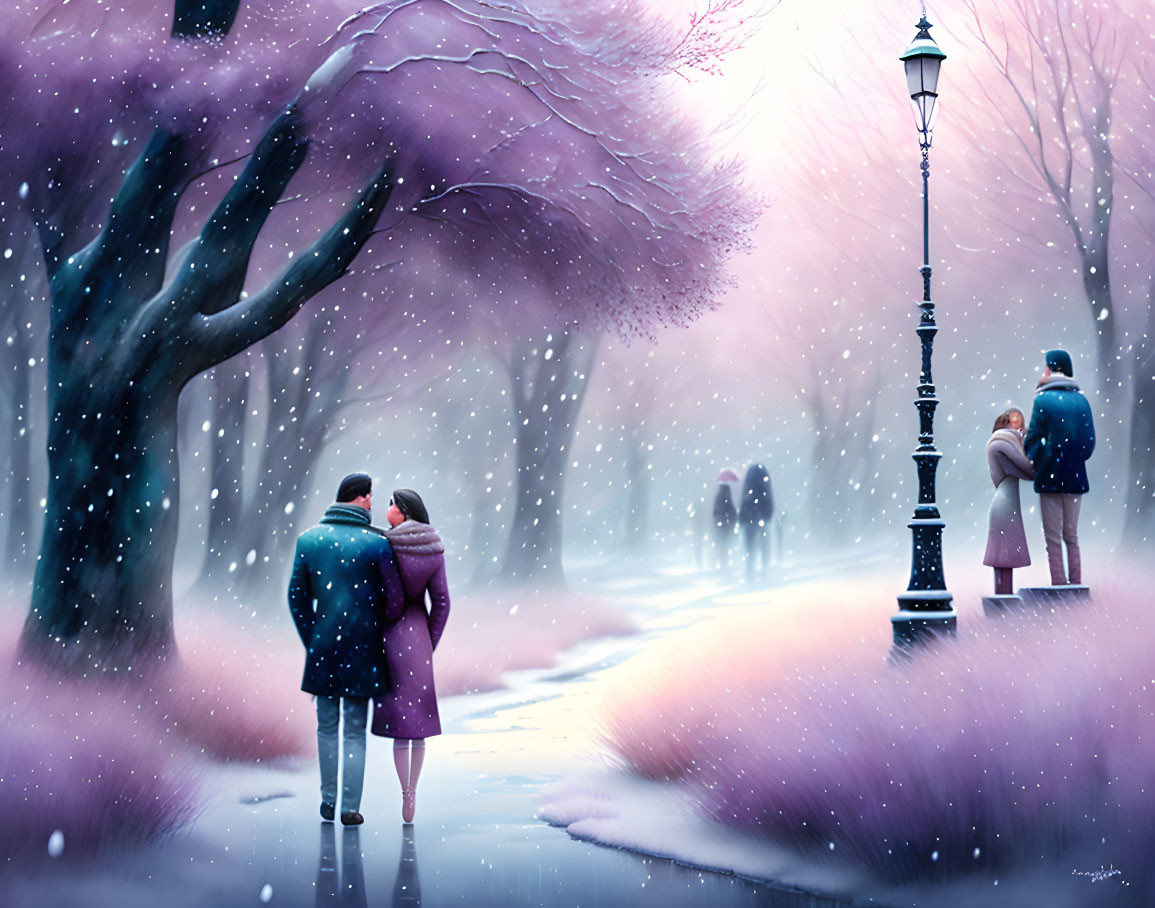 Romantic snowy walk under pink blossoming trees and lamp post