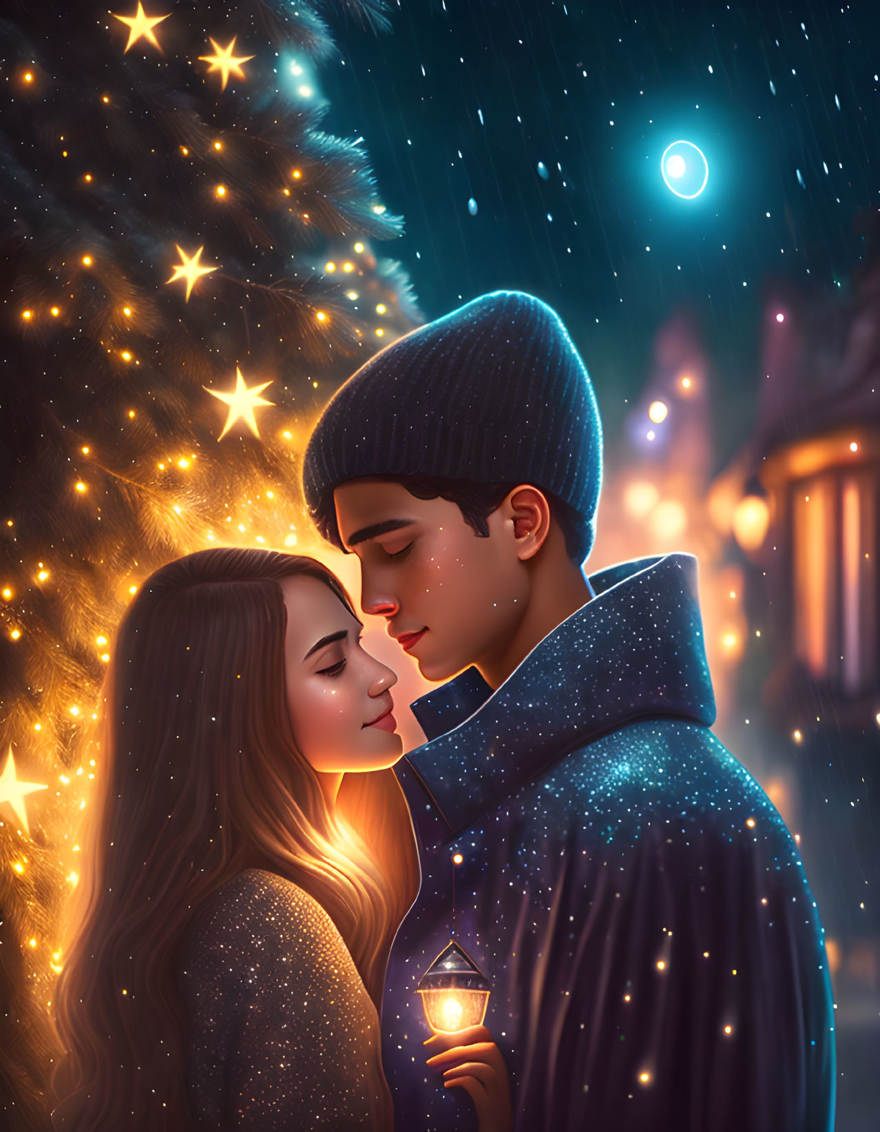 Couple under starry sky by Christmas tree and street lamp