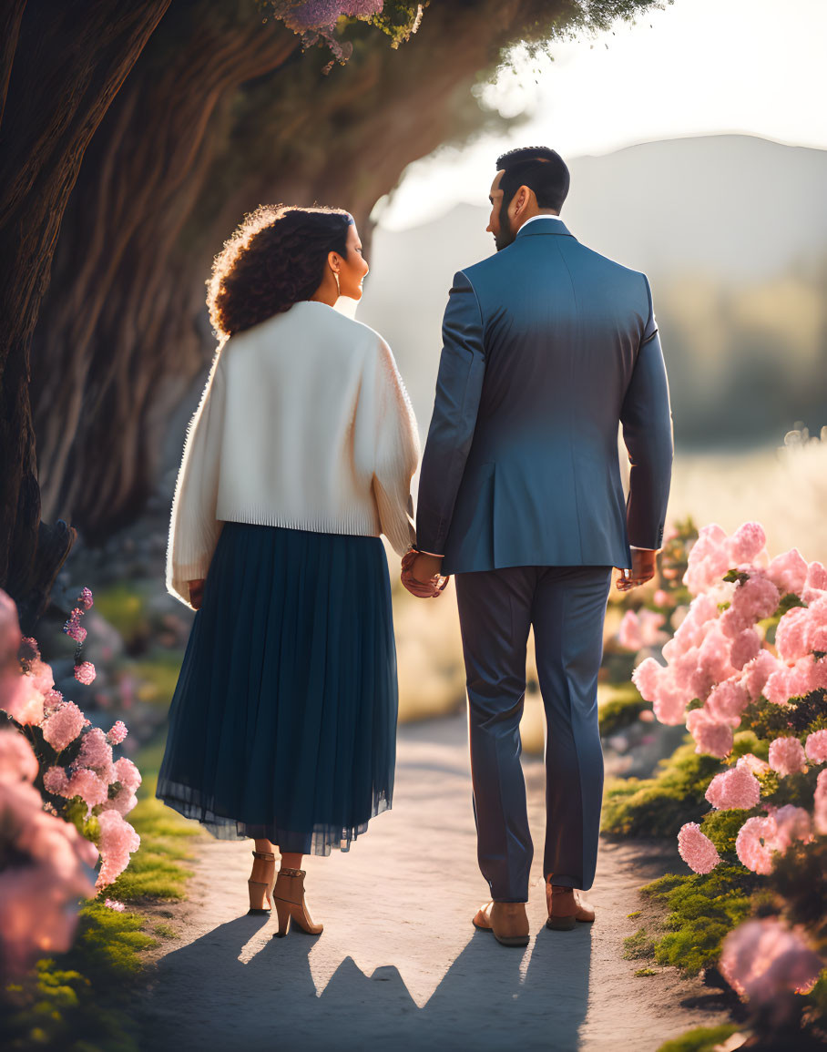 Couple walking on flower-lined path in warm backlit scene