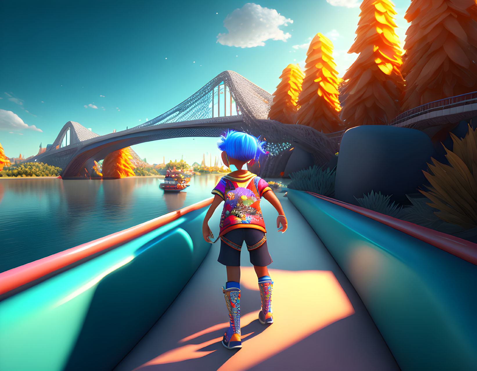 Blue-haired animated character gazes at vibrant river landscape with modern bridge and autumn trees.