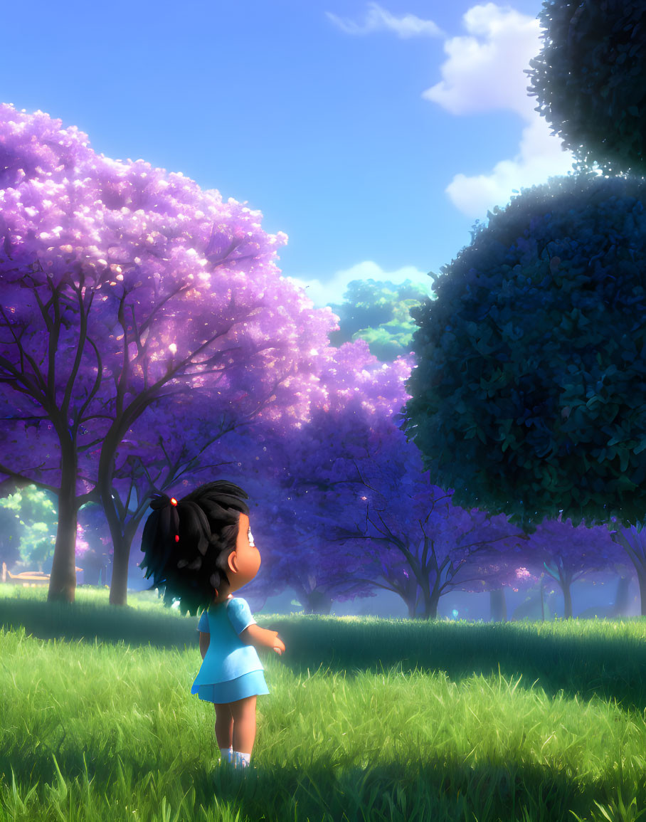 Young animated girl in blue dress admires purple trees in sunlit meadow