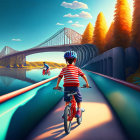 Blue-haired animated character gazes at vibrant river landscape with modern bridge and autumn trees.