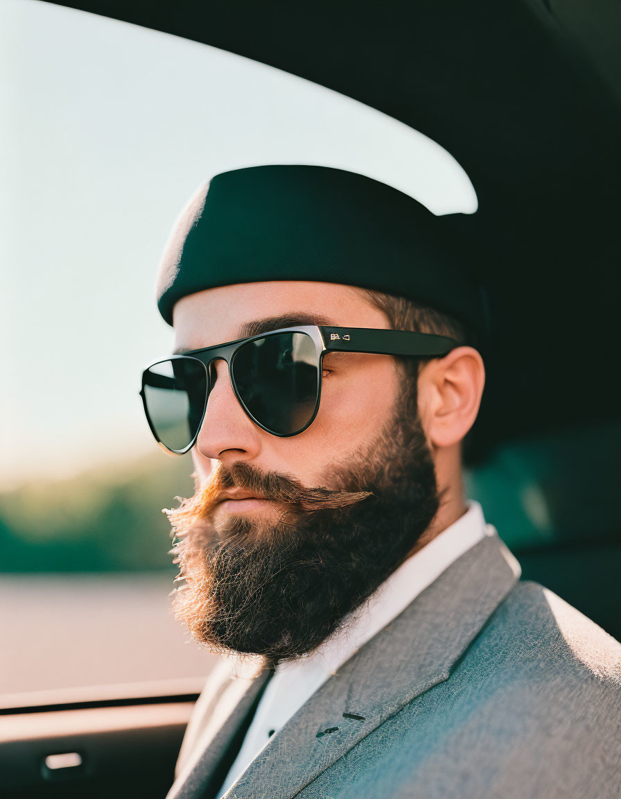 Bearded man in sunglasses and beanie in car under warm sunlight
