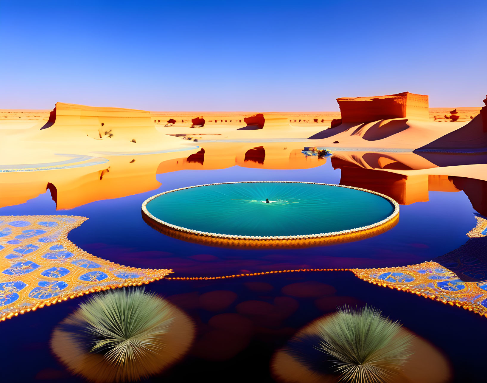 Vibrant blue water oasis in surreal desert landscape