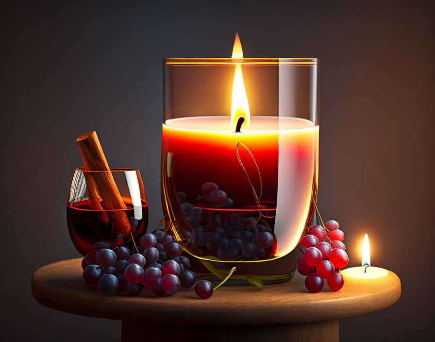 Scented candle in glass with reflection, grapes, and wine glass on wooden table