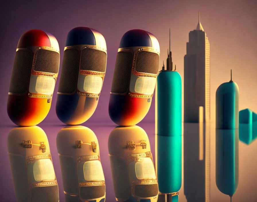 Colorful pill-shaped buildings in cityscape reflection on glossy surface