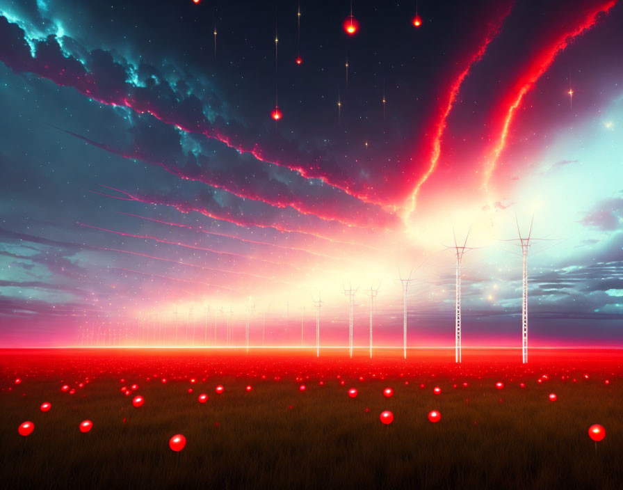 Surreal landscape with wind turbines under red-lit sky and meteors