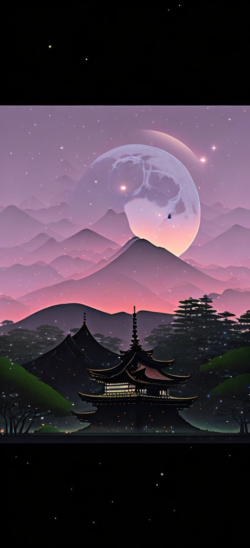 Digital art: East Asian temple, layered mountains, starry sky, oversized moon