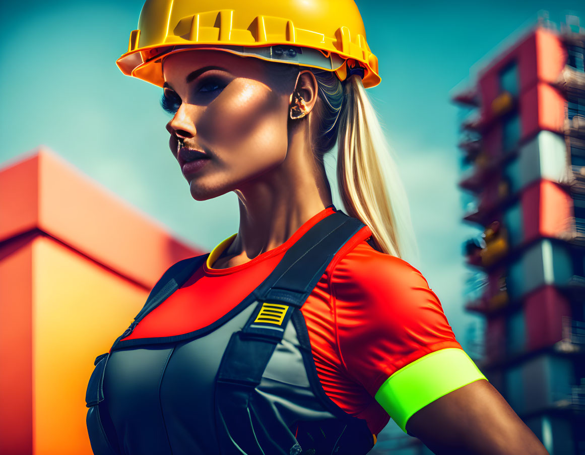 Confident woman in yellow helmet and hi-vis vest on industrial site