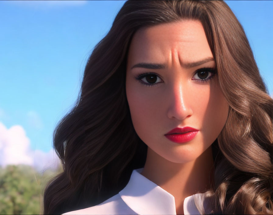 Brown-haired animated female character with concerned expression and red lipstick in white collar against blurred natural backdrop