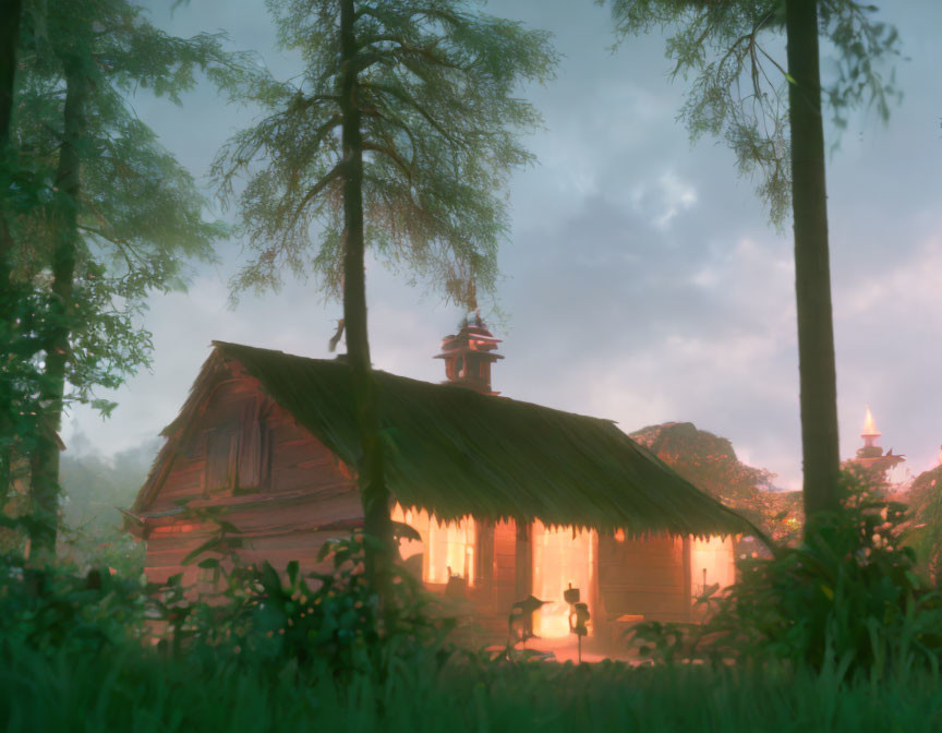 Cozy wooden cabin in misty forest at dusk