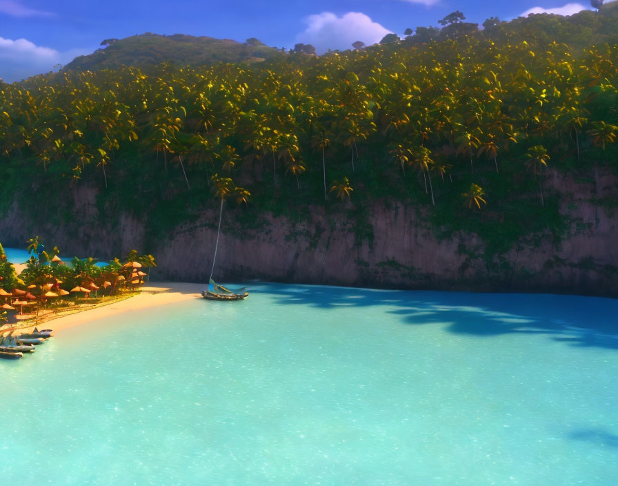 Sailing boat on tranquil beach with palm trees and hills