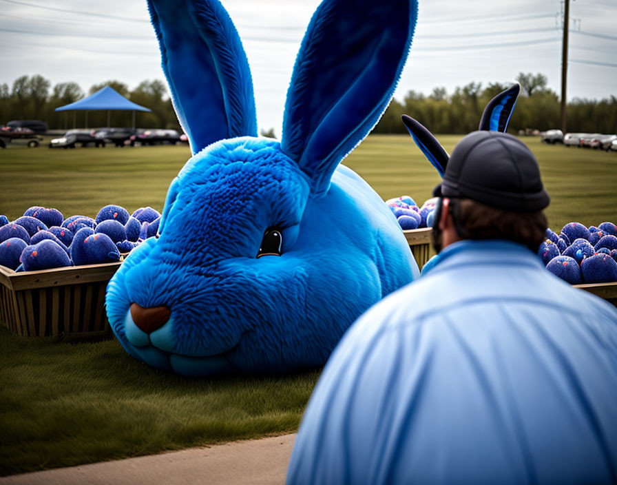 Giant blue inflatable bunny with man and cars in field