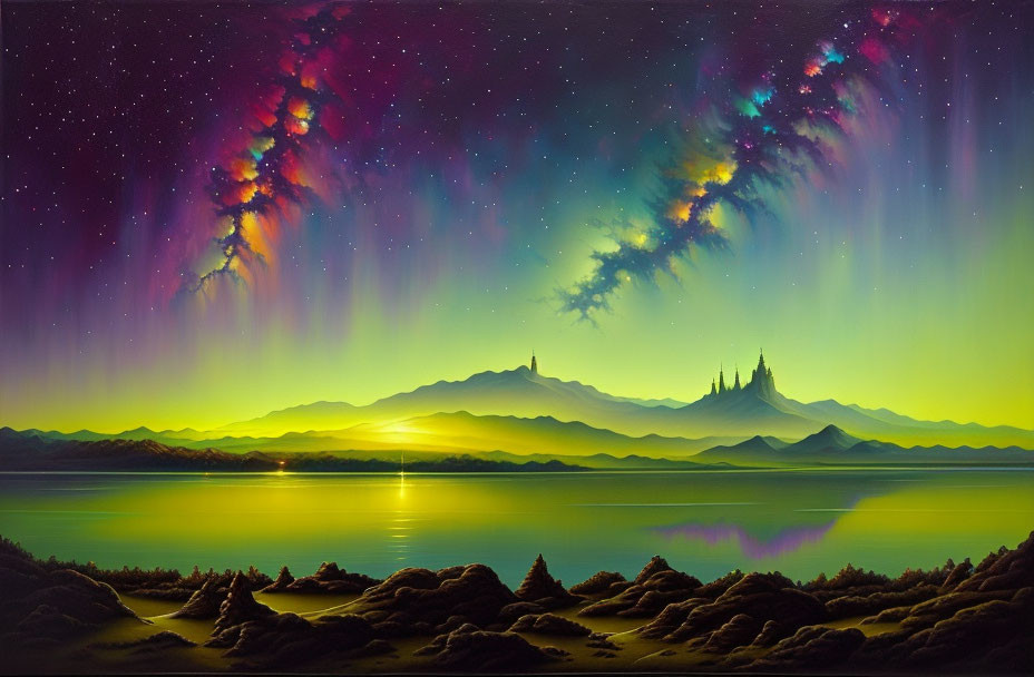 Aurora over serene lake with mountains and castles under starry sky