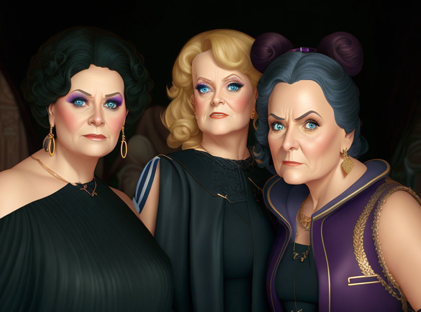 Stylized animated older women with expressive faces and elegant attire