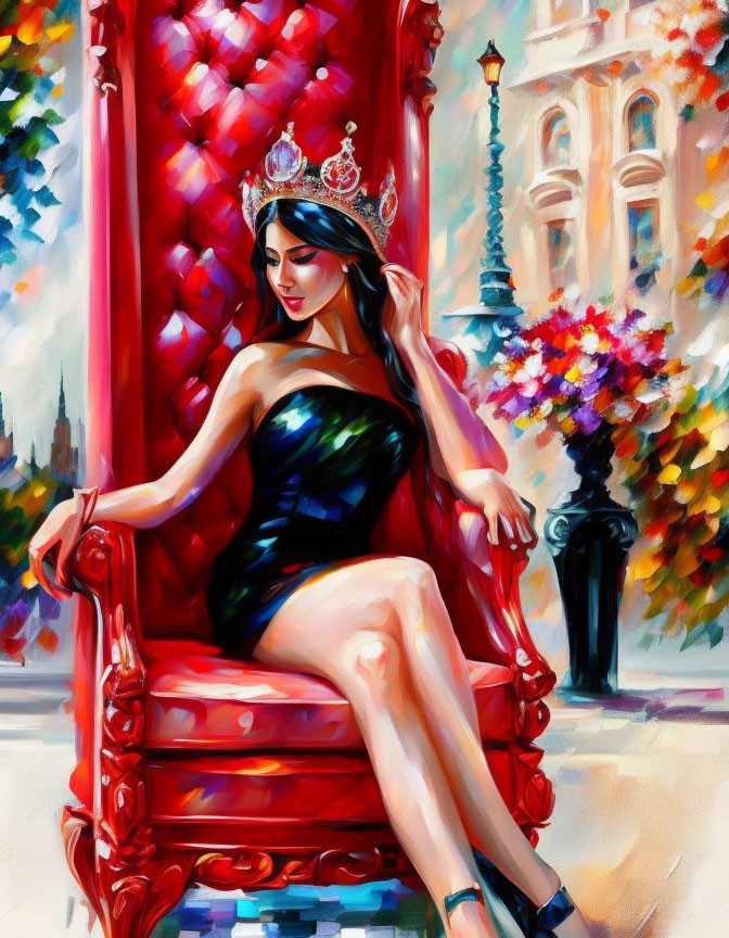 Stylized painting of woman in tiara on red chair with cityscape background