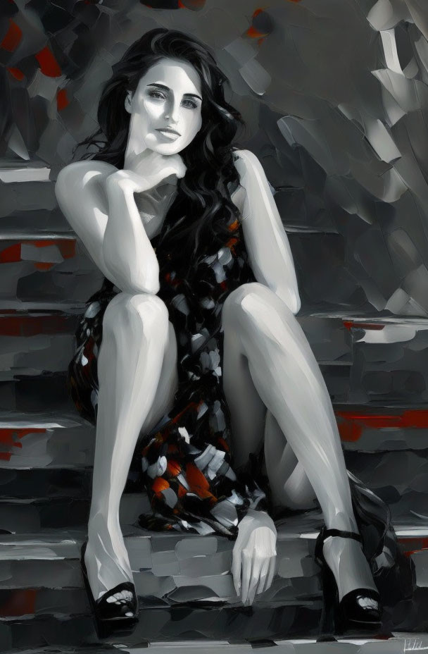 Monochrome painting of woman in dress and high heels resting chin on hand