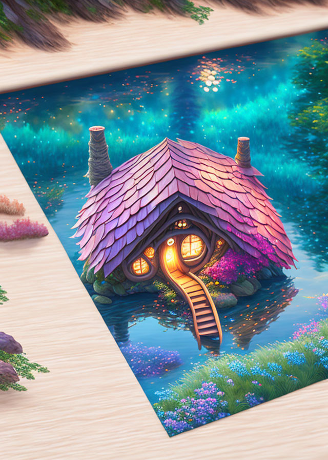 Fantasy illustration of cozy cottage by starry water with lush flora