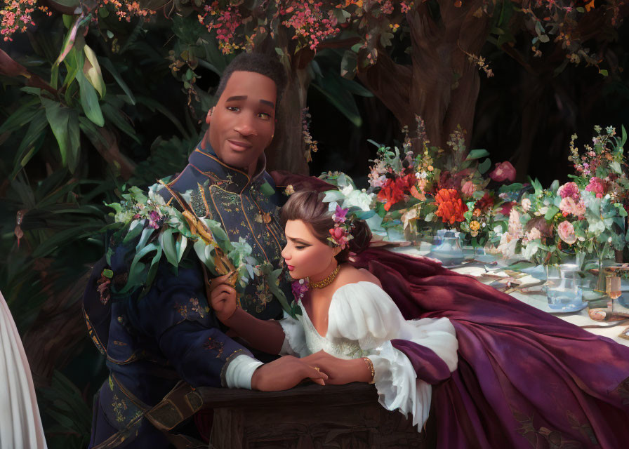 Historical attire: Two people in lush floral setting sharing a tender moment