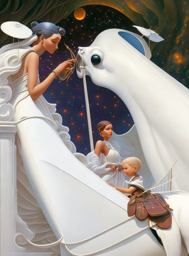 Surreal Artwork: Elegant Women, Child, and White Creature in Cosmic Scene