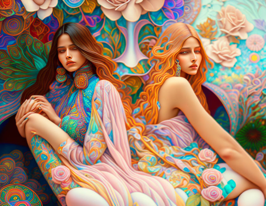 Stylized women with flowing hair in colorful clothing against vibrant floral backdrop