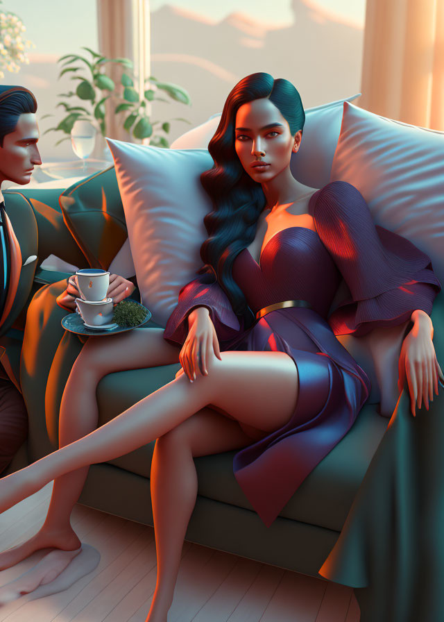 Stylized image of woman with blue hair & purple attire sitting on sofa with man