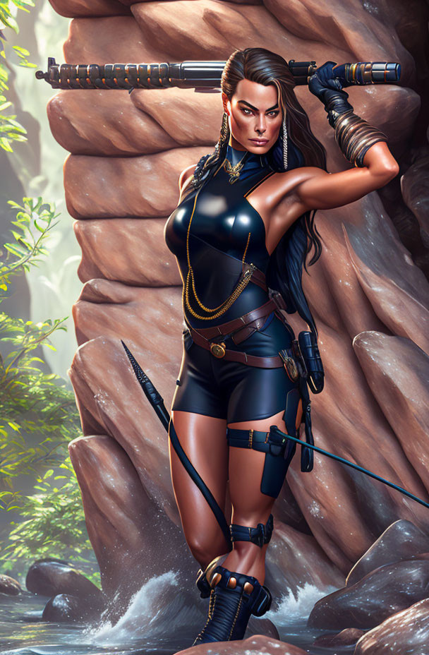 Warrior woman with staff weapon in black outfit on rocky backdrop