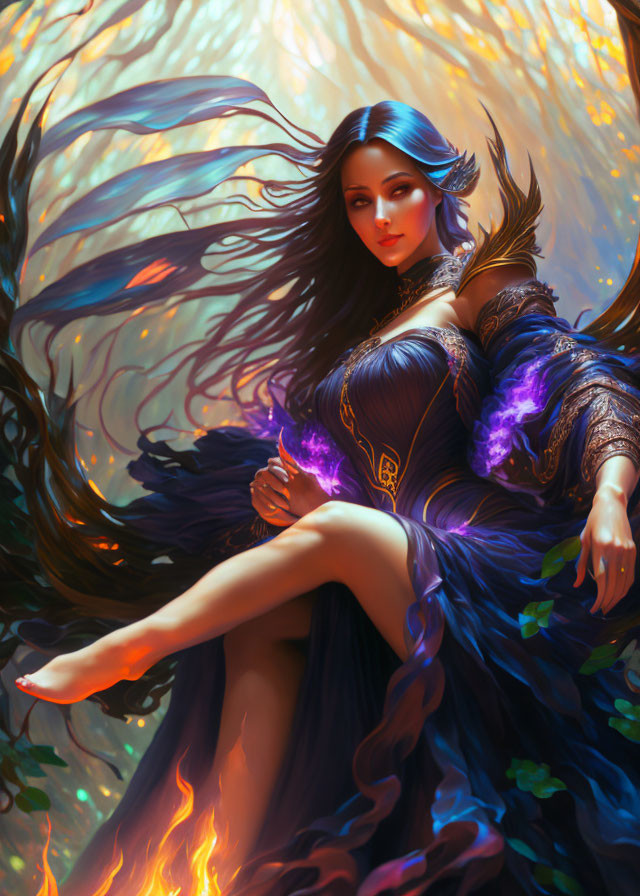 Ethereal woman in detailed blue dress against warm backdrop