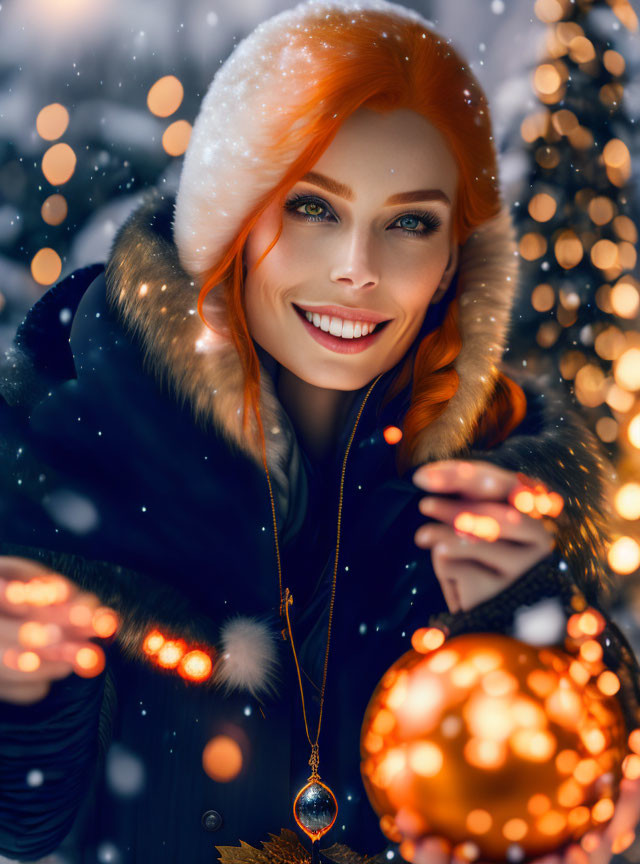 Red-Haired Woman in Winter Coat Holding Christmas Ornament