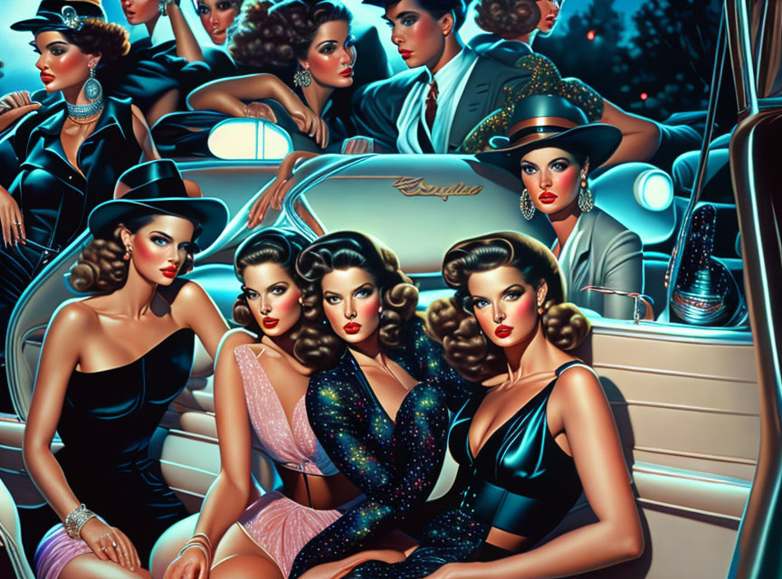 Vintage Fashion Illustration with Glamorous Individuals and Classic Car