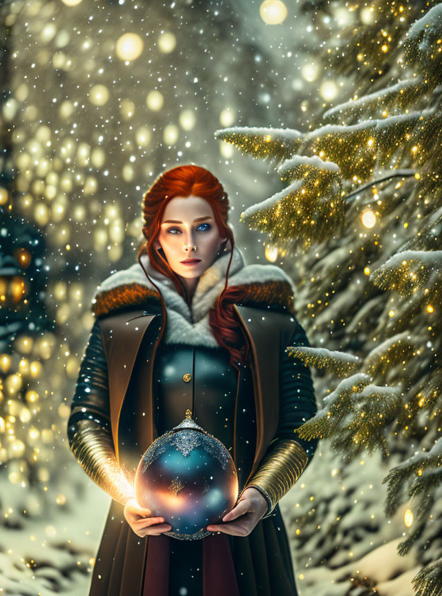 Red-haired woman in fur-trimmed coat with glowing orb in snowy forest