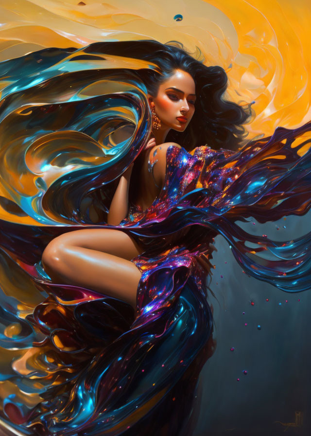 Colorful surreal portrait of woman with flowing hair in vibrant hues