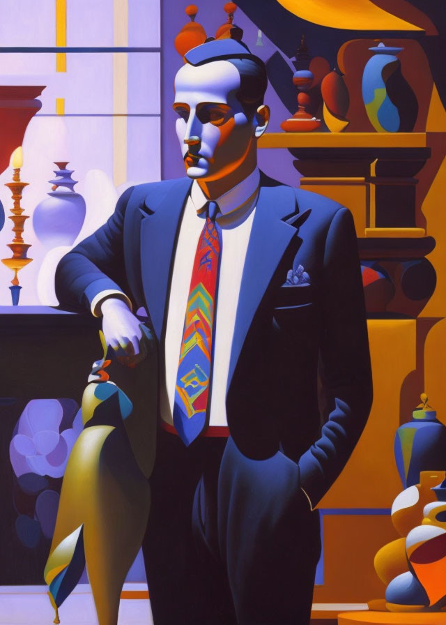 Colorful cubist painting of a man in blue suit with vases and pottery