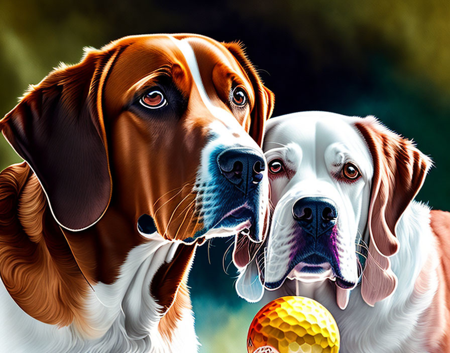 Two brown and white dogs with soulful eyes holding a yellow ball against dark background