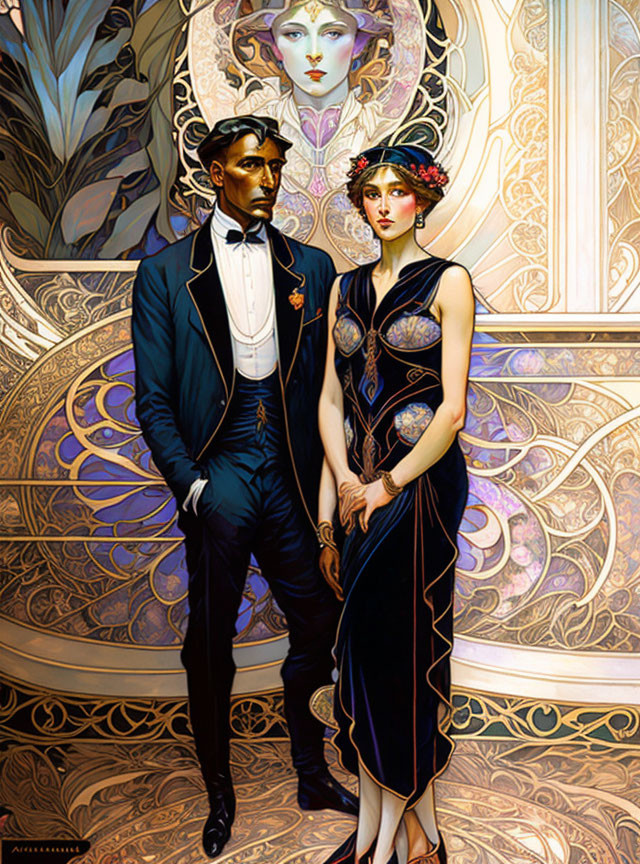 1920s couple in elegant attire with art nouveau backdrop and ghostly face