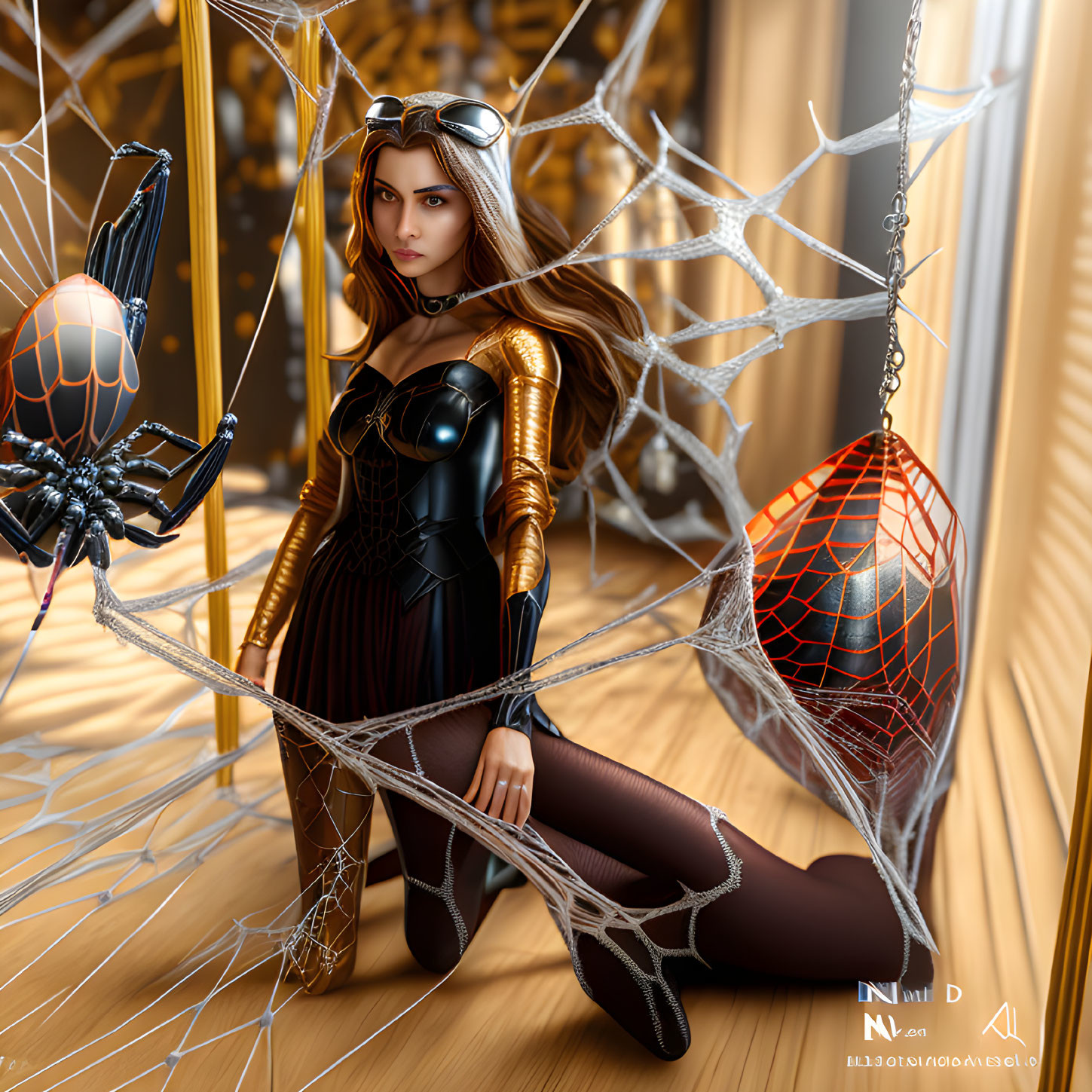 Digital Art: Woman in Black & Gold Superhero Costume with Spiderweb Surroundings