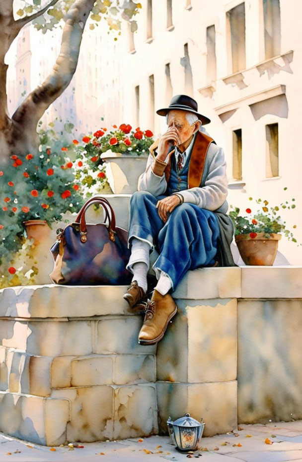 Elderly man playing flute by potted flower bush on wall