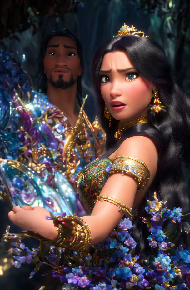 Dark-haired woman in crown and gold outfit touches glowing flowers with man in background