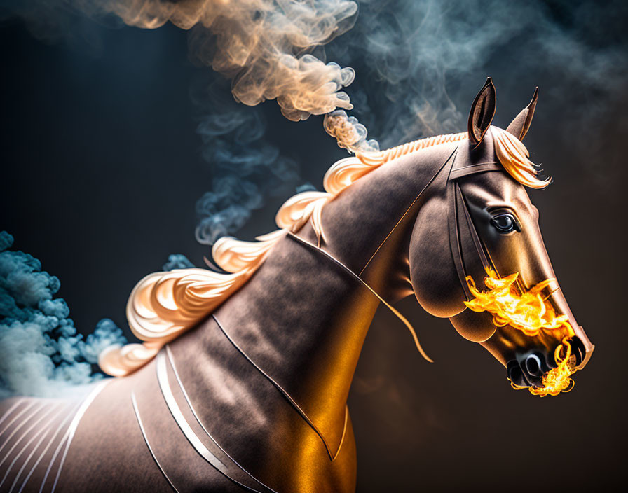 Stylized horse with fiery orange mane and smoke, dark background