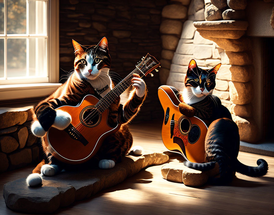 Cartoon cats playing guitars in sunny indoor setting