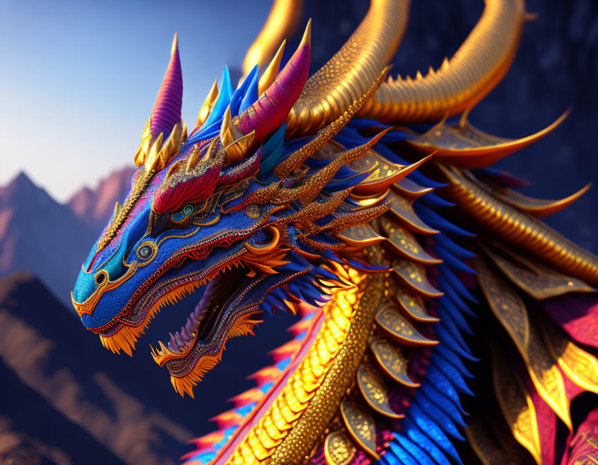 Intricately detailed dragon with blue and orange scales against mountainous backdrop