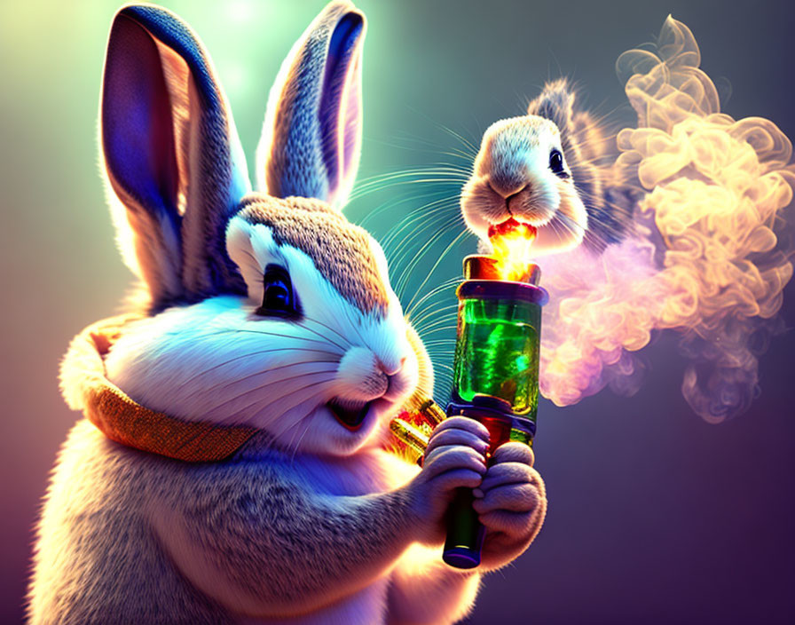 Two animated rabbits with colorful backdrop featuring large rabbit with collar holding small rabbit using smoking device.