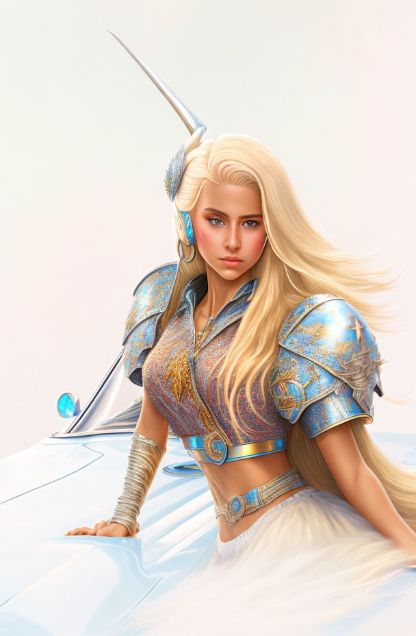 Blond Female Warrior in Blue Armor on Pink Background