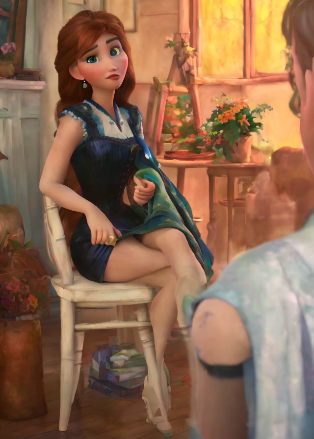 3D animated female character in blue dress on white chair gazes off-screen in warmly-lit room