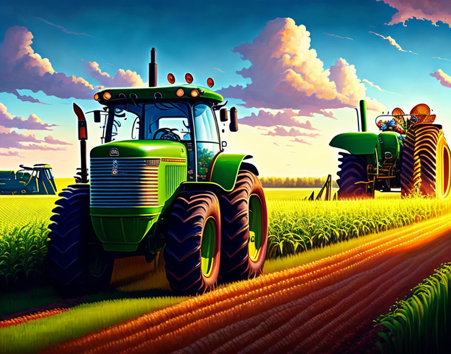 Green tractors in vibrant farm field at sunset with one towing equipment