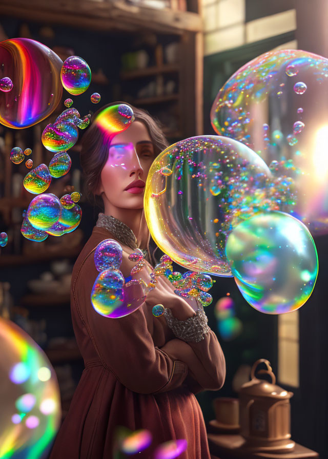 Woman in Brown Dress Surrounded by Iridescent Soap Bubbles in Vintage Room