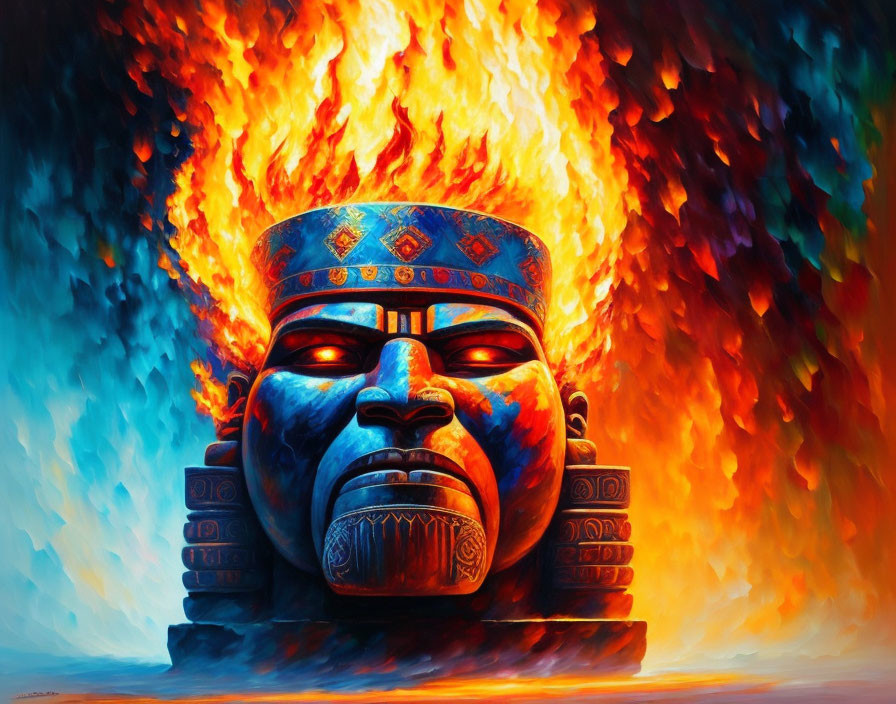 Vibrant Aztec-style stone mask against fiery flames.