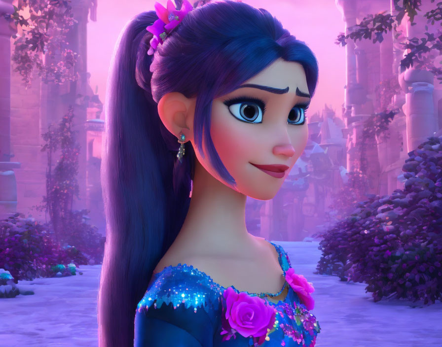 Dark-haired animated character in blue dress with pink roses, set in fairytale scenery