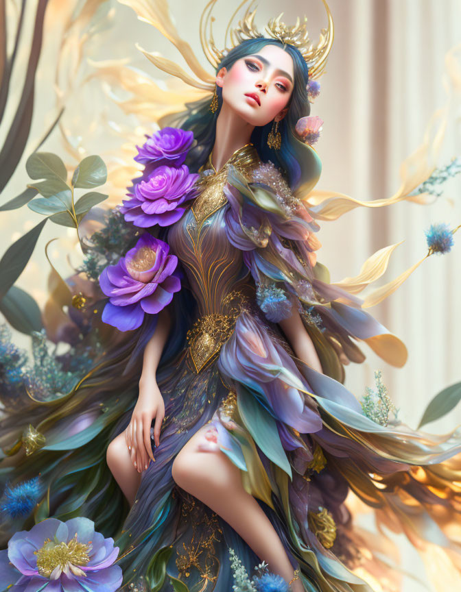 Elaborate floral-themed gown and golden antler-like crown in fantasy setting